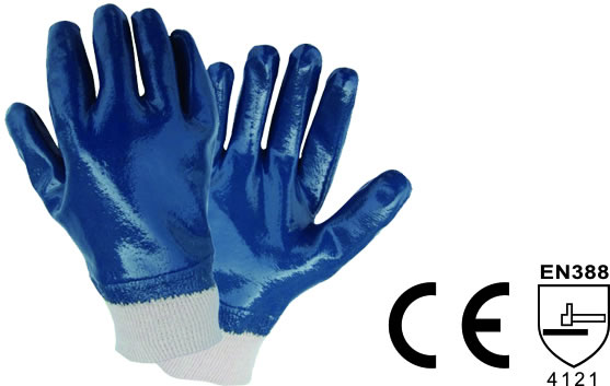 Blue nitrile coated gloves, fully coated, knitted