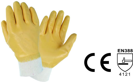 Yellow nitrile coated gloves, fully coated, knitte