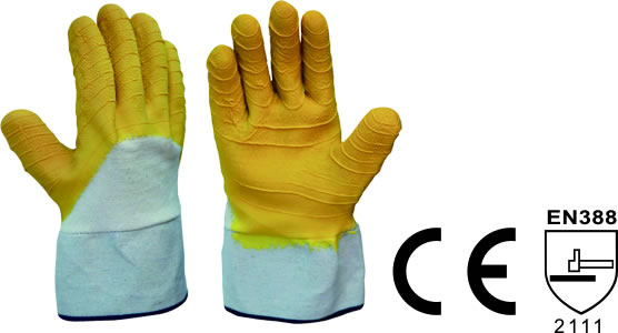 Yellow latex semi dipped gloves, woven linning wit